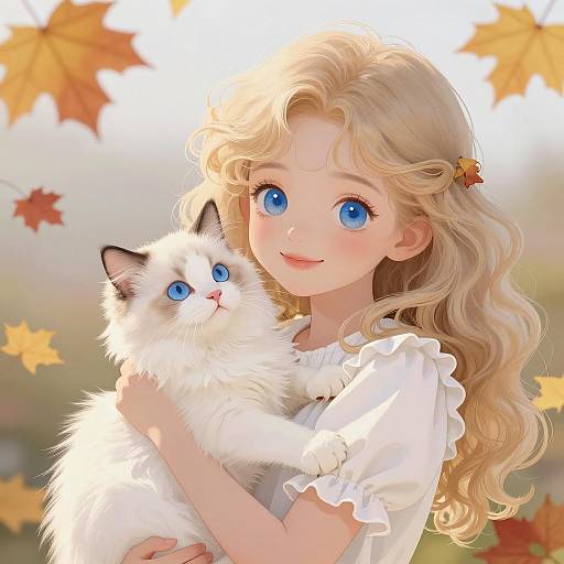 Young Girl with Kitten in Autumn