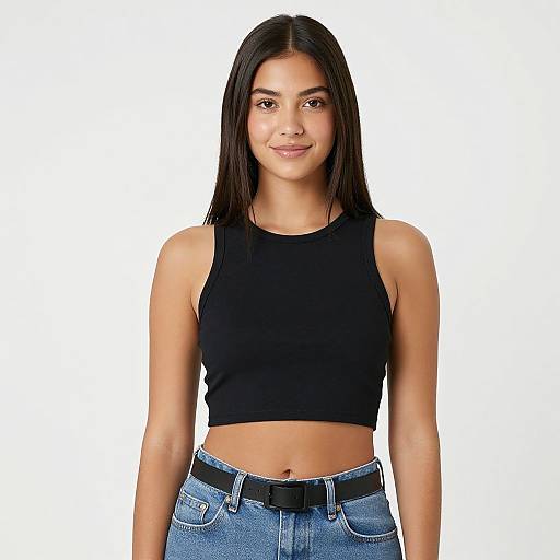 Photograph of a young woman with straight dark brown hair, wearing a black sleeveless crop top and blue jeans with a black belt, standing against a