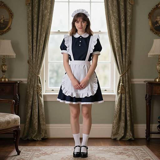 Photograph of a young Caucasian woman in a traditional black and white French maid outfit, standing in a vintage, well-lit room with green curtains and