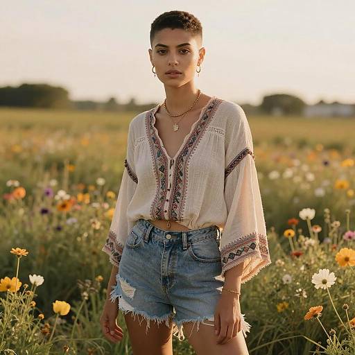 Photograph of a young woman with short hair, wearing a white embroidered blouse and frayed denim shorts, standing in a colorful field of wildflowers at