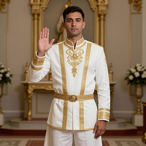 Photograph of a handsome South Asian man in an ornate white and gold traditional outfit, waving with his right hand in an opulent, gold-ac