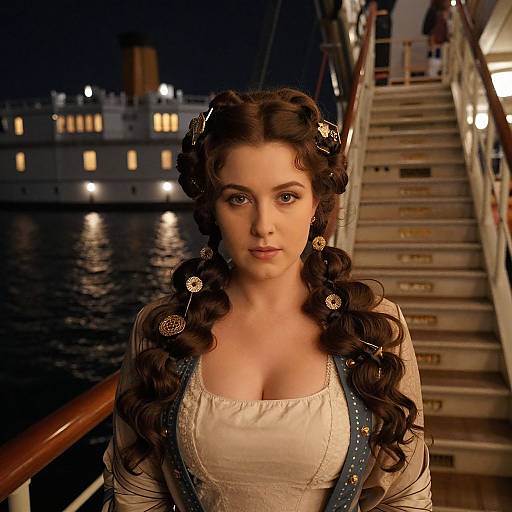 Photograph of a young woman with dark, wavy hair in Victorian-style braids, wearing a low-cut white blouse and blue vest, standing on