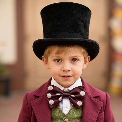Photograph of a young boy with light brown hair, wearing a black top hat, maroon velvet jacket, green vest, and polka-dot bow