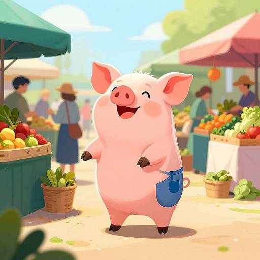 Cartoon pig with pink skin, smiling, holding blue bag, stands at vibrant outdoor market with colorful vegetables and people in background.