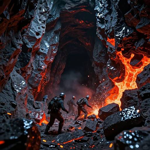 Photograph of two miners in helmets and gear navigating a fiery, rocky underground tunnel with bright orange flames and dark shadows.