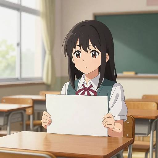 Anime-style digital drawing of a black-haired girl with large eyes, wearing a white shirt and green vest, holding a blank paper in a sunlit classroom