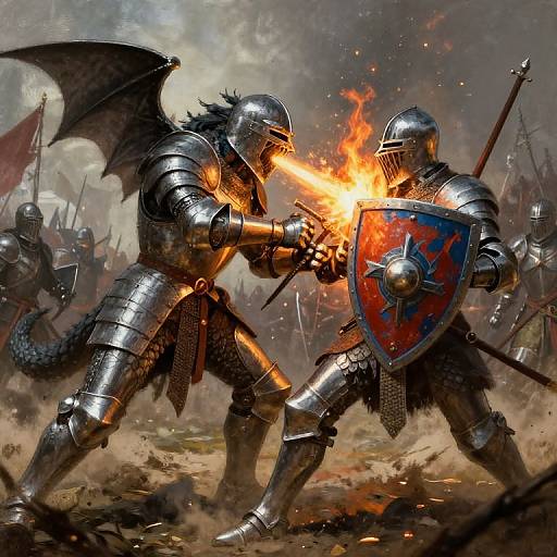 Dragon vs Knight on Medieval Battlefield