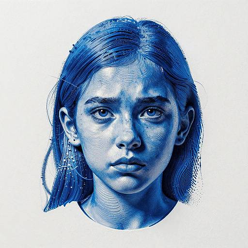 Digital blue-toned portrait of a young girl with straight, shoulder-length hair, serious expression, and white shirt, featuring intricate cross-hatching textures.