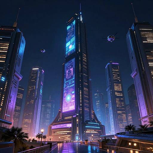 Futuristic AI Cybernetic Cityscape Night