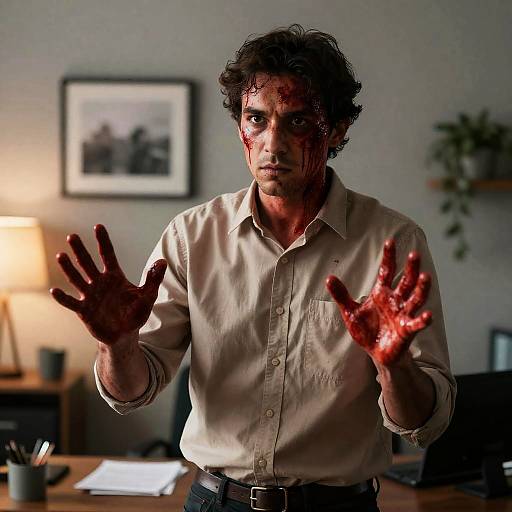 Intense Office Scene with Bloody Character
