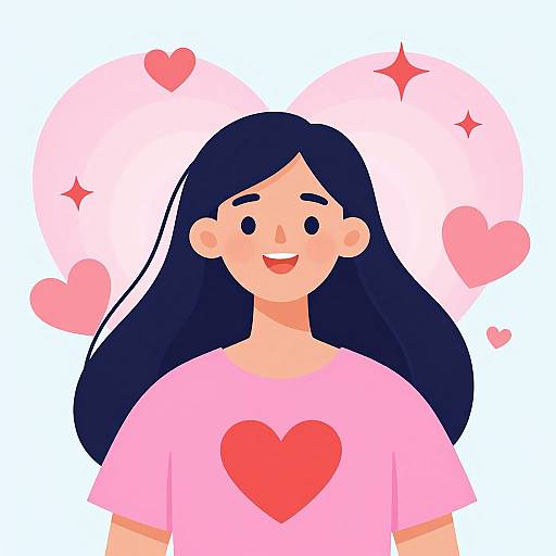 Digital illustration of a smiling woman with long black hair, pink shirt with red heart, surrounded by pink hearts and sparkles.