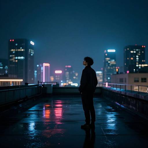 Photograph of a lone figure in a dark coat standing on a rain-slicked rooftop at night, gazing at a cityscape with colorful neon