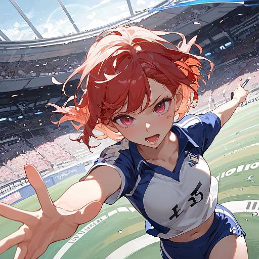 Anime Girl Sprinting with Relay Baton in Stadium