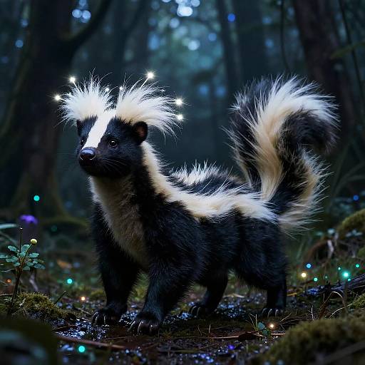 Photograph of a glowing, ethereal skunk with white, star-like lights on its fur, standing in a mystical forest illuminated by small, colorful