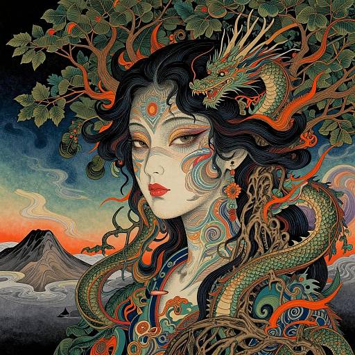Digital art: Asian woman with intricate dragon tattoo, dark wavy hair, red lips, and ornate face markings, surrounded by vibrant foliage and a