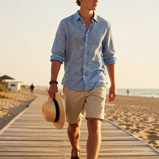 Photograph of a man in a blue button-up shirt and beige shorts walking on a wooden boardwalk at sunset, holding a straw hat. Beach and