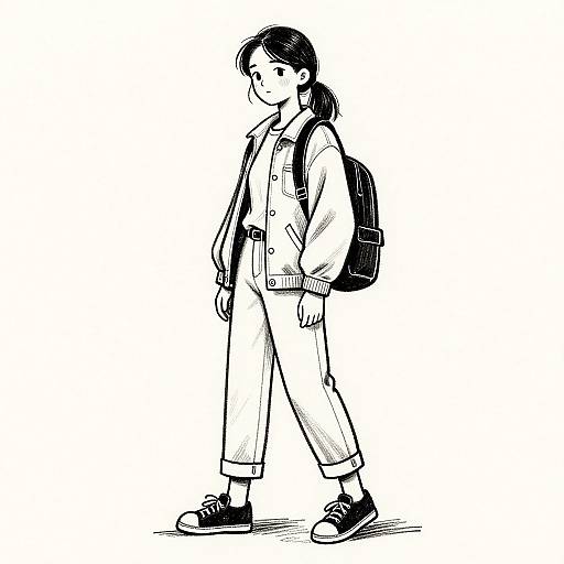 Black-and-white digital drawing of a young woman with a ponytail, wearing a coat, pants, backpack, and sneakers, standing casually.