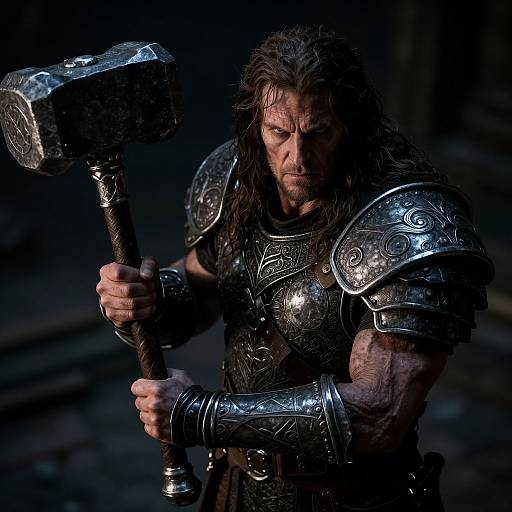 Photograph of a muscular, bearded man with long, wet brown hair, wearing ornate silver armor and holding a large, detailed hammer, in
