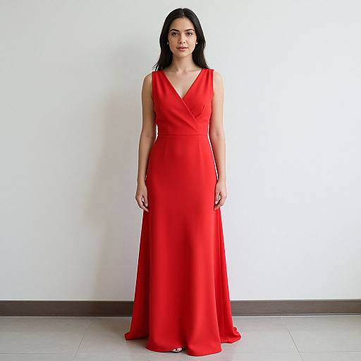 Photograph of a woman with long black hair, wearing a vibrant red, sleeveless V-neck evening gown, standing against a plain white wall.