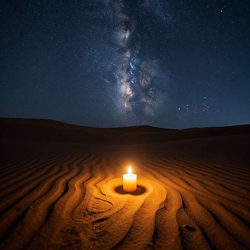 Photograph of a glowing candle in a sandy desert at night, with the Milky Way galaxy stretching across a starry sky.