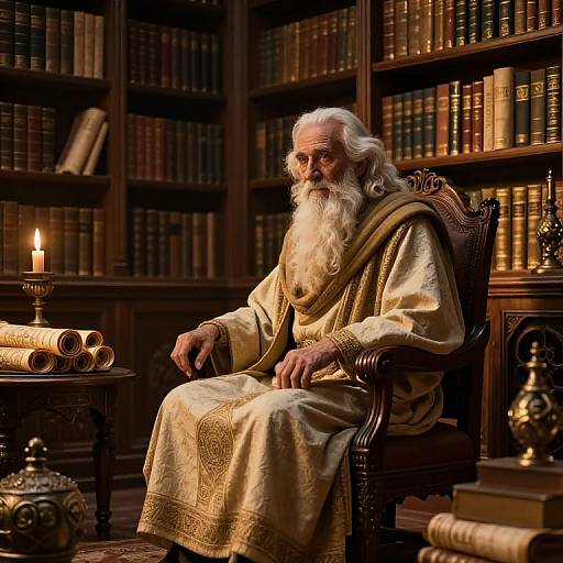 Photograph of an elderly, white-bearded man in ornate, golden robe, seated in a wooden library chair, surrounded by candlelight and book