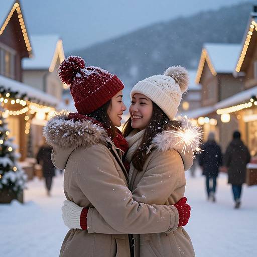 Photograph of two smiling women in winter coats and hats, embracing in a snowy Christmas market with illuminated buildings and snowflakes.
