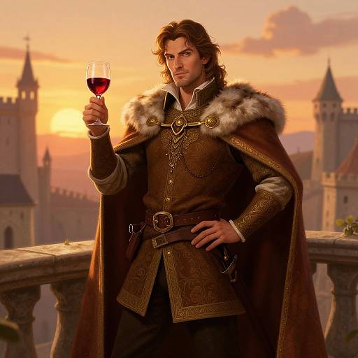 Photorealistic digital art of a handsome, brown-haired man in medieval armor with fur trim, holding a glass of red wine, against a sunset castle
