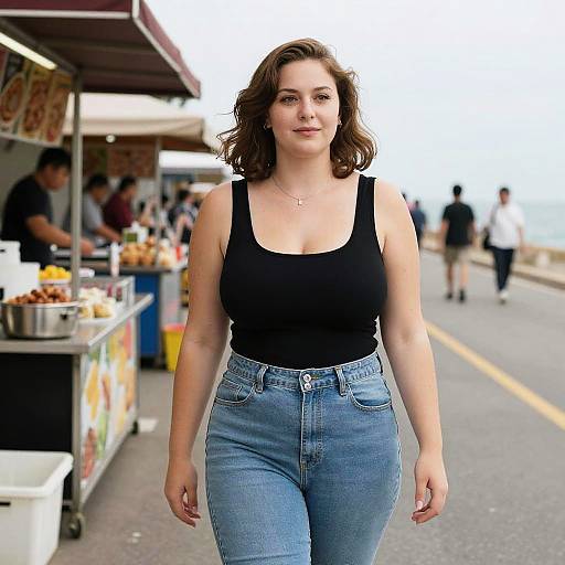 Photograph of a confident, curvy woman with shoulder-length brown hair, wearing a black tank top and high-waisted blue jeans, walking past