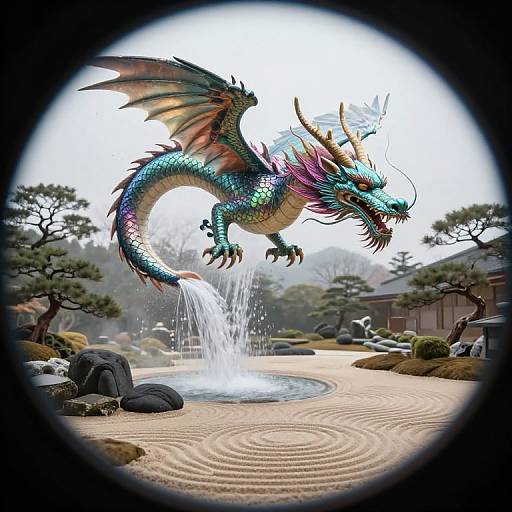 Digital art of a vibrant, multi-colored dragon mid-leap above a serene Japanese garden with a circular pond, framed by a black circular border.