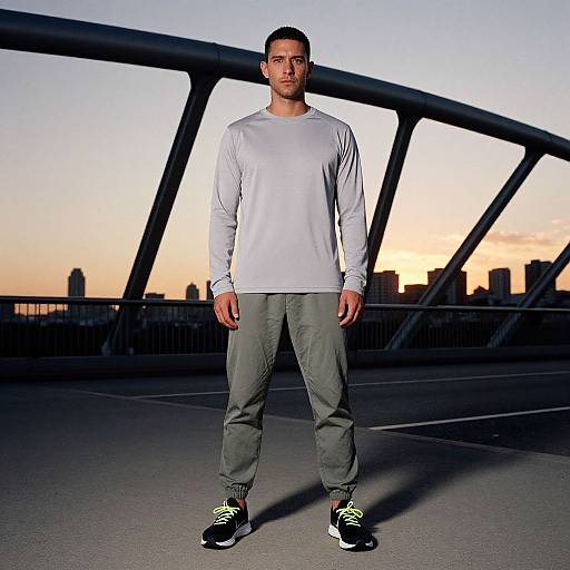 Photograph of a young man with short black hair, medium build, wearing a white long-sleeve shirt, gray pants, and black sneakers,