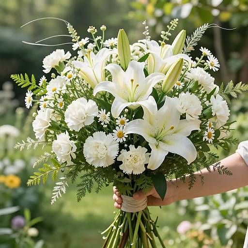 Photograph of a hand holding a lush bouquet of white lilies, chrysanthemums, and small daisies, with greenery,