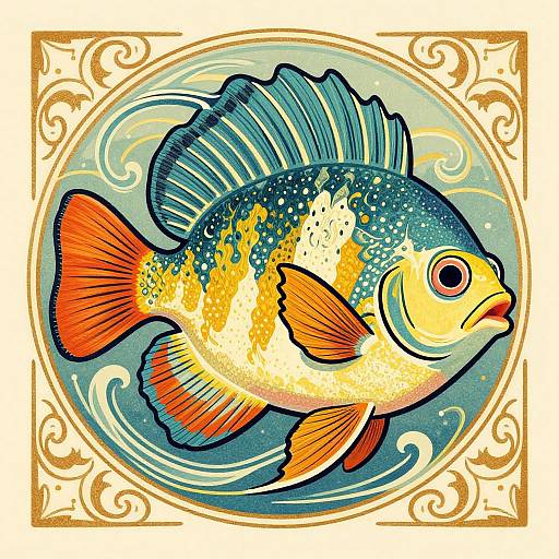 Vibrant digital illustration of a colorful, patterned fish with orange fins, blue-green body, and yellow accents, set in a swirling, orn