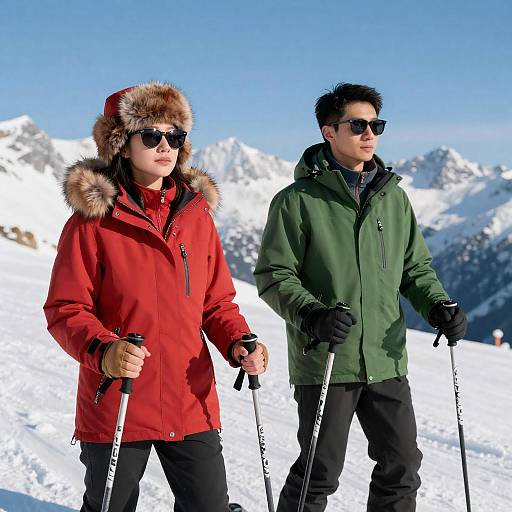 Skiing Duo on a Snowy Mountain