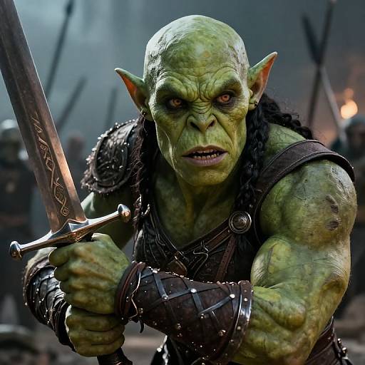 CGI image of a fierce, muscular green orc warrior with pointed ears, dark braided hair, gripping a sword, in a smoky battle scene