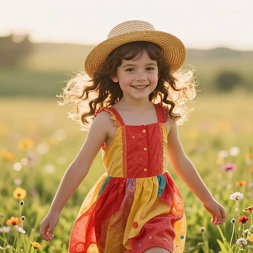 Photograph of a smiling young girl with curly brown hair, wearing a straw hat, red and yellow dress, standing in a sunlit field of colorful