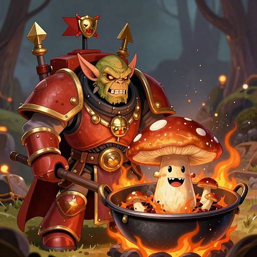 Goblin warrior in red armor roasts glowing, smiling mushroom in fiery cauldron, forest background, night, torches, menacing expression, digital