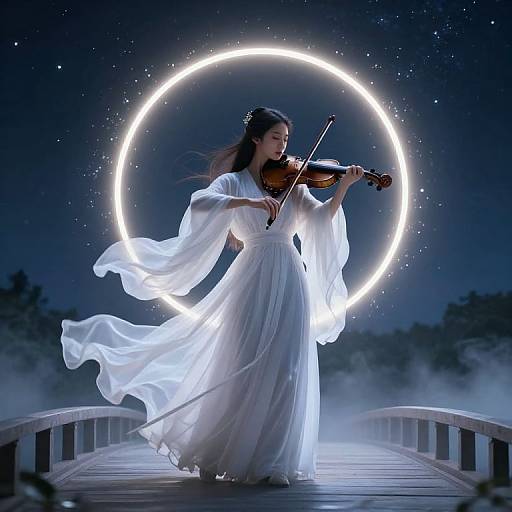 Photograph of an ethereal Asian woman with long black hair playing violin in a flowing white dress, illuminated by a glowing circular halo, standing on a