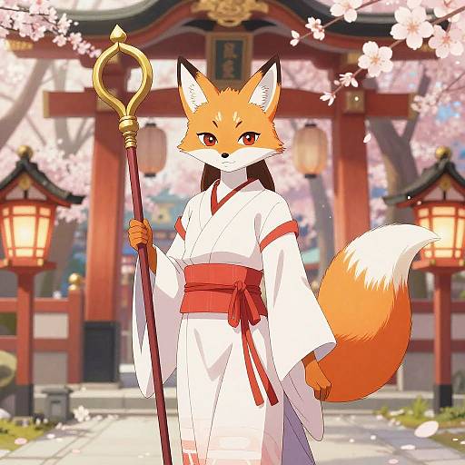 Digital anime-style illustration of a fox anthropomorph in a white kimono with red sash, holding a staff, standing in front of a cherry