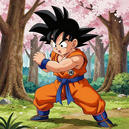 Digital anime-style drawing of Son Goku, a muscular young warrior with spiky black hair, in orange gi, blue belt, and wristbands, standing