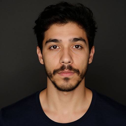 Photograph of a young man with medium skin tone, dark curly hair, trimmed beard, brown eyes, and black shirt, against a black background.