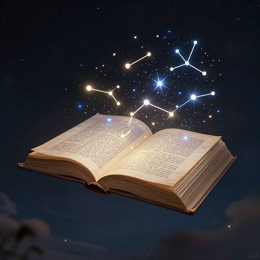 Photograph of an open book floating in dark blue sky with glowing constellation-like stars connecting its pages, creating a magical, celestial effect.