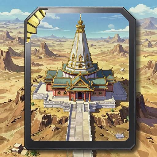 Digital illustration of an ornate, golden-roofed temple with a tall spire, set in a desert landscape, viewed through a black-framed