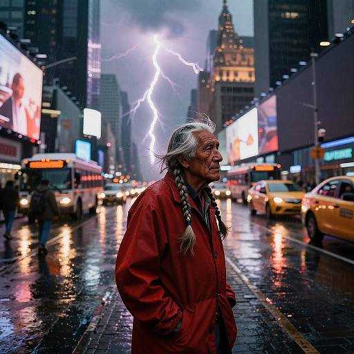 Photograph of an elderly Native American man with long braided gray hair, wearing a red jacket, standing on a wet, lightning-streaked New