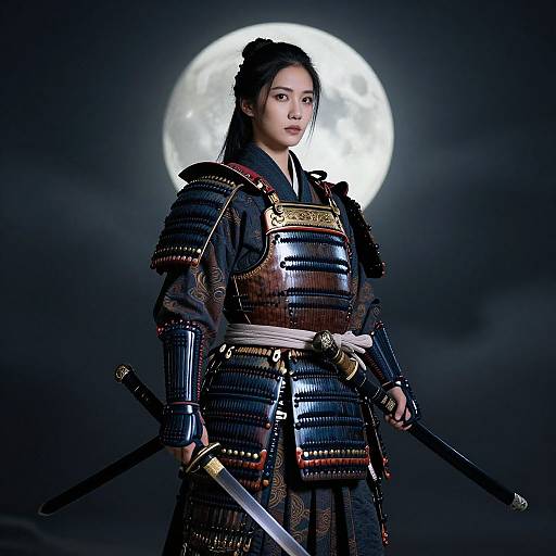 Photograph of an Asian woman in traditional Japanese samurai armor, holding two swords, standing against a bright full moon in a dark night sky.