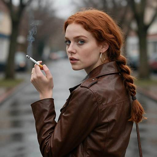 Intense Red-Haired Woman in Rain