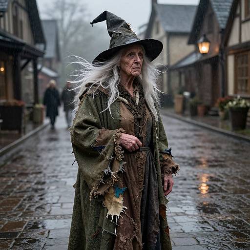 Elderly Witch in Rainy Village Square