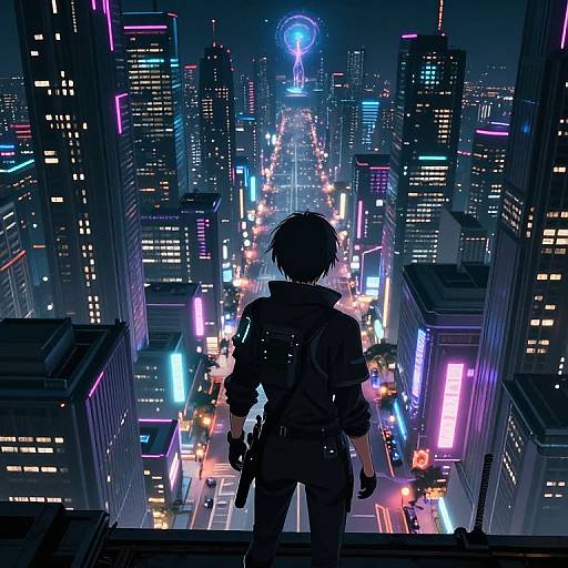Digital anime artwork of a silhouetted figure with short hair, standing on a rooftop, gazing at a neon-lit, futuristic cityscape
