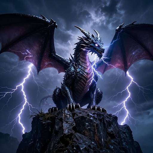 Digital artwork of a fierce, black dragon with glowing blue eyes and purple wings, standing on a rocky cliff, surrounded by lightning in a stormy,