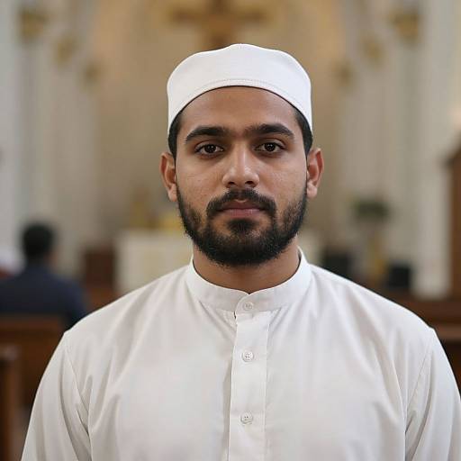 Photograph of a bearded Middle Eastern man with dark hair, wearing a white Islamic cap and traditional white thobe, standing in a blurred, orn