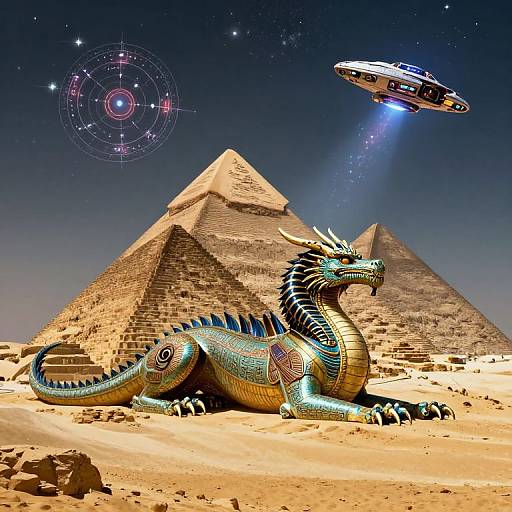Digital artwork: Colorful, intricately patterned dragon lies in Egyptian desert with pyramids, starry sky, and hovering alien spaceship above.